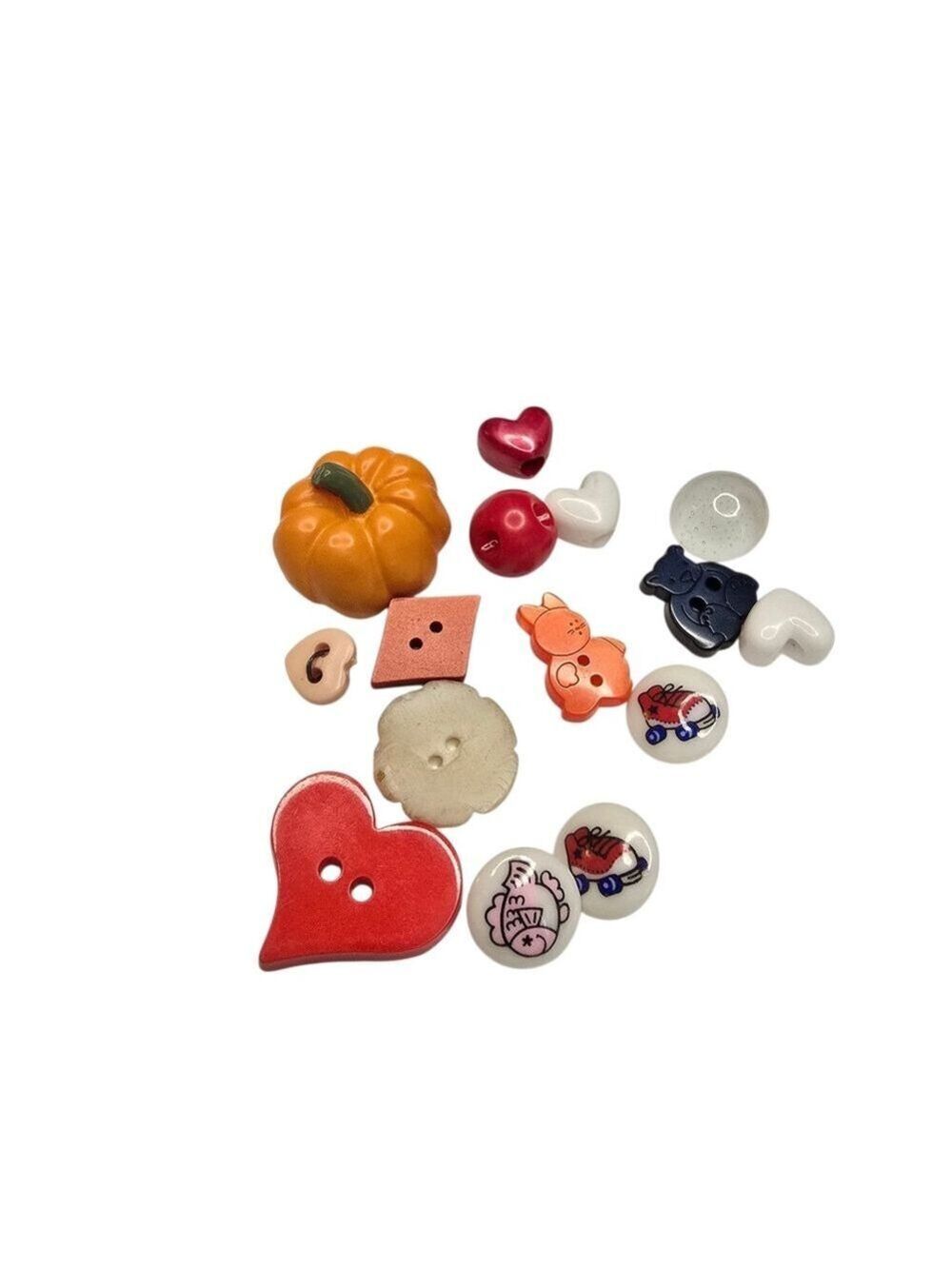 Bulk Vintage Novelty Button Lot 15pc Variety Set. Hearts, Pumpkin, Roller Skates